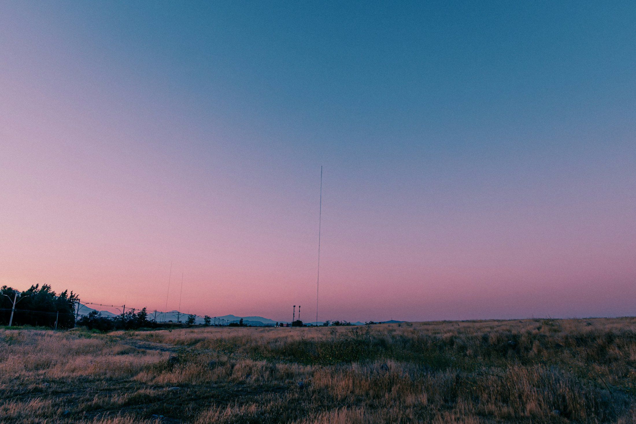 A thin mast stands over open grassland at dusk.